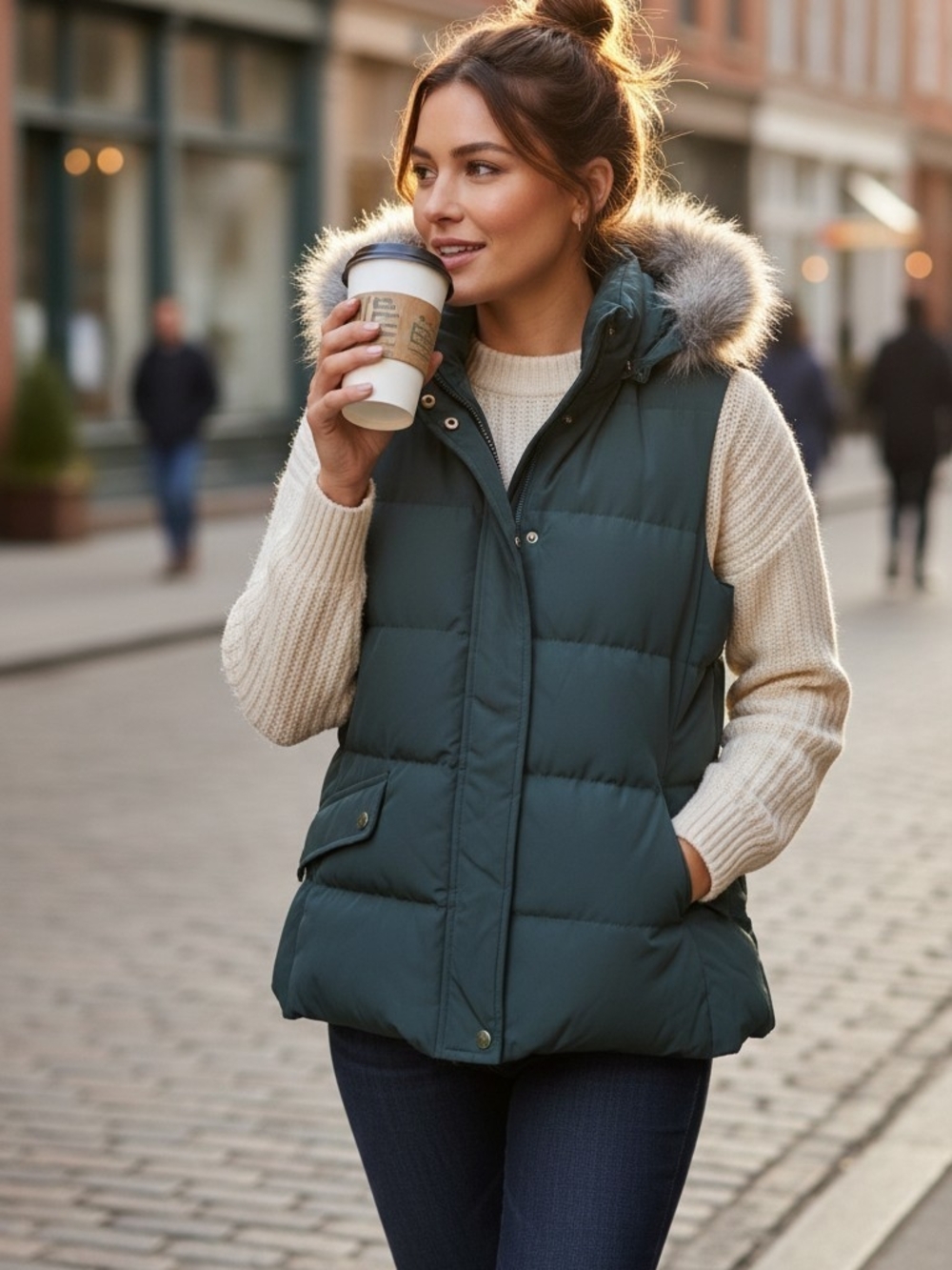 Talbots Women’s Hooded Faux Fur Trim Puffer Vest Pockets Green Petite S